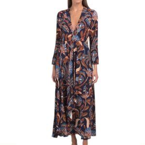 Farm Rio Nature Beauty Blue Long Sleeve Neckline Maxi Dress Women's Small $220